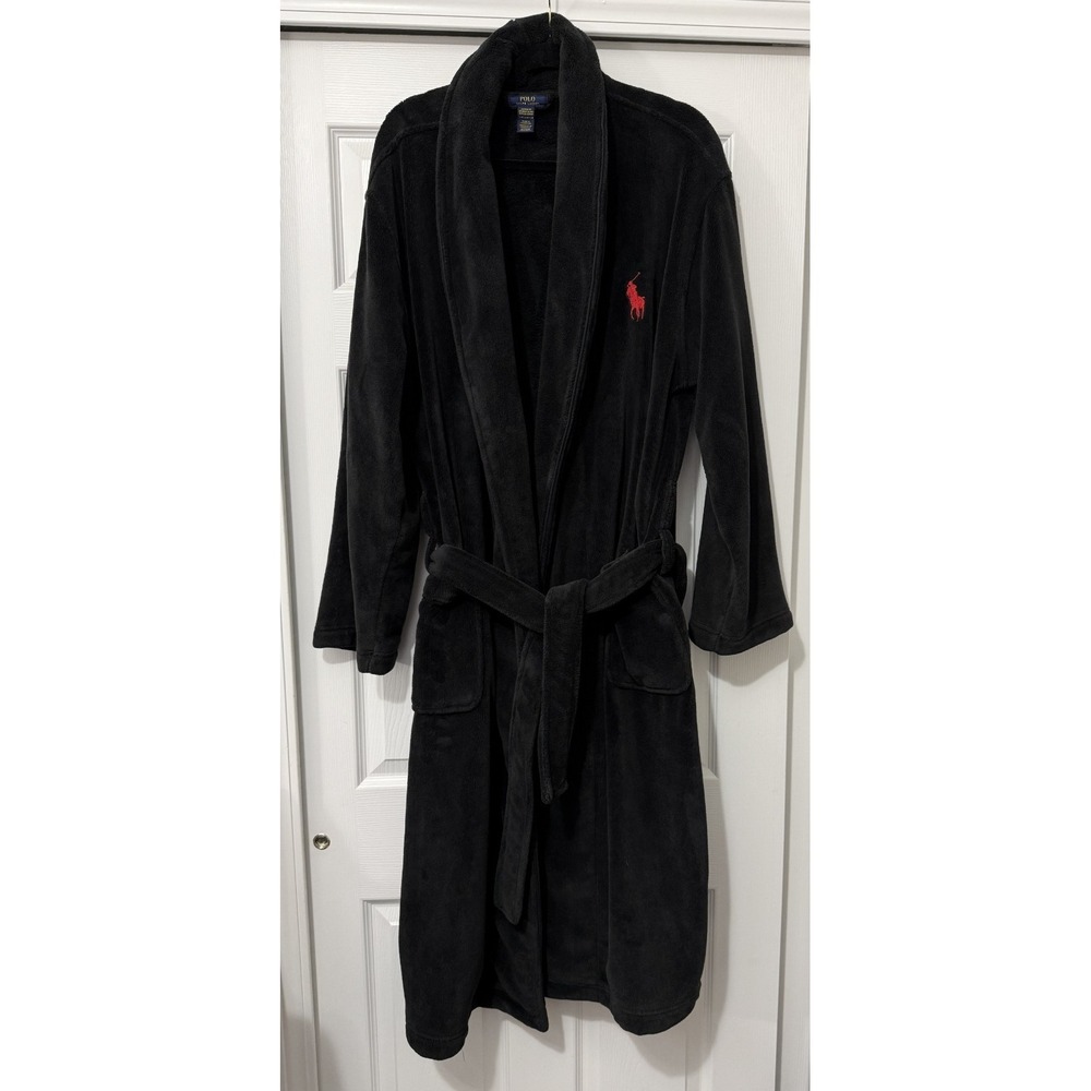 Polo Ralph Lauren Robe Men's S/M Black Fleece Plush Spa Belted Big Pony Red